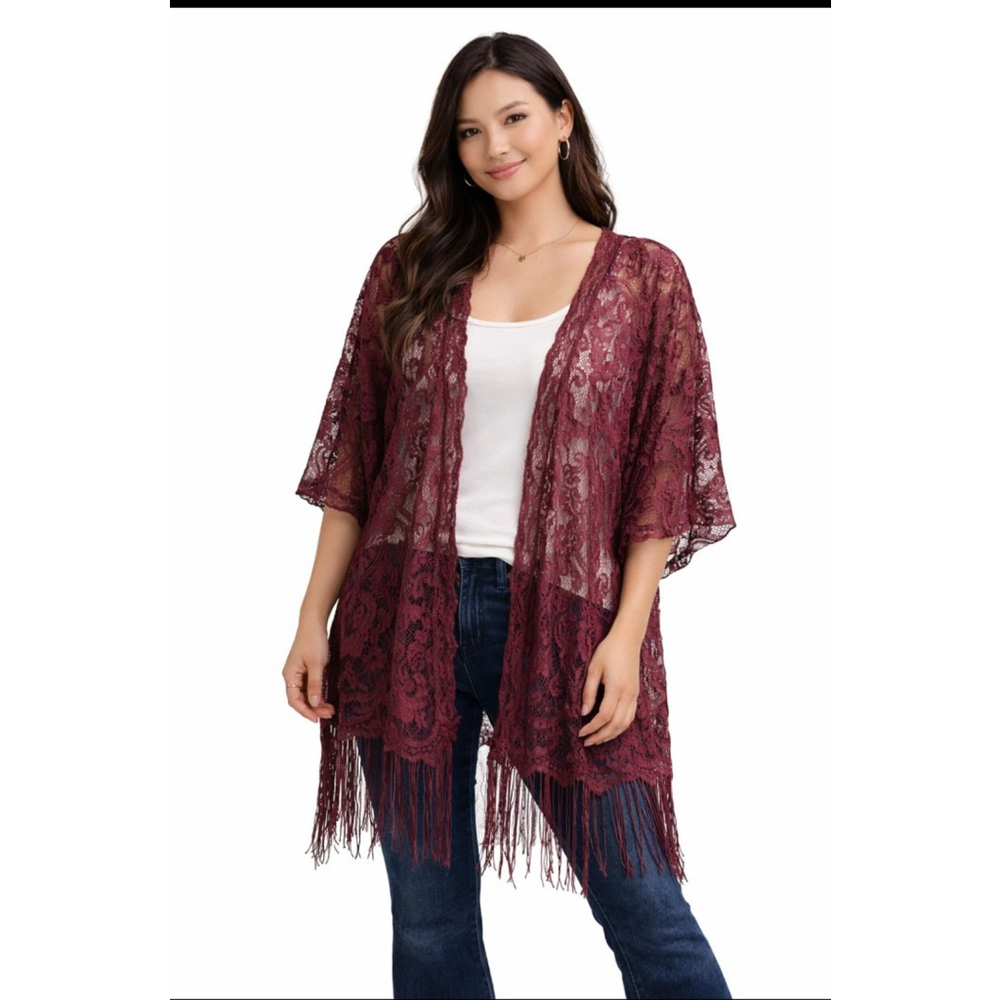 Emerette Lace Boho Fringe Cover-Up – Size M – Western Chic Layering Piece